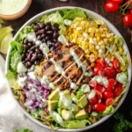 A vibrant Southwest chicken salad loaded with grilled chicken, black beans, corn, avocado, and creamy cilantro dressing.