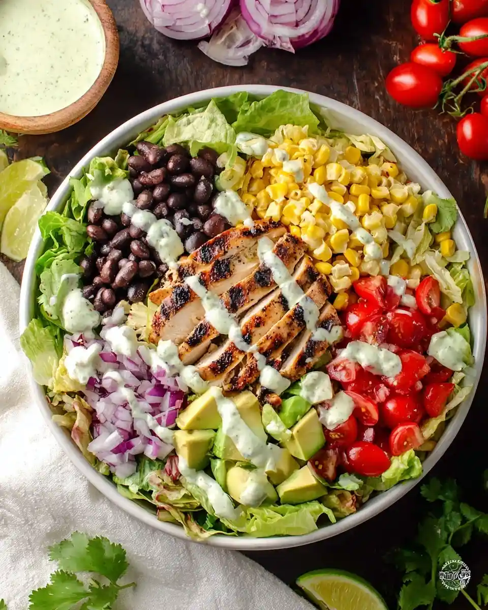 A vibrant Southwest chicken salad loaded with grilled chicken, black beans, corn, avocado, and creamy cilantro dressing.