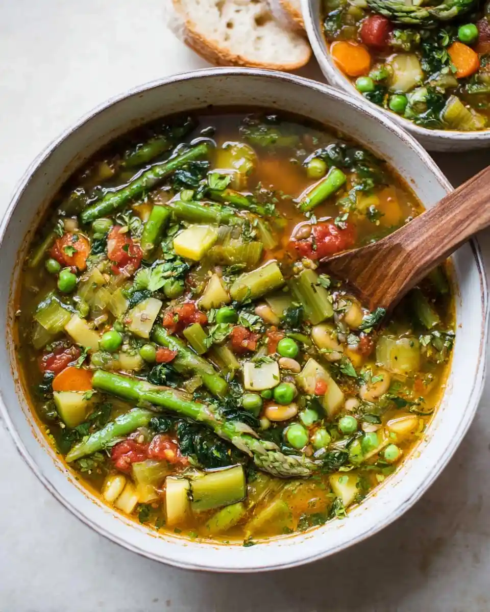 A vibrant bowl of {{ $('Fetch Recipe Data').first().json["Main Keyword"] }} featuring asparagus, peas, and a wooden spoon.