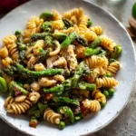 A rustic bowl filled with fresh asparagus pasta, green peas, and a sprinkle of grated cheese.