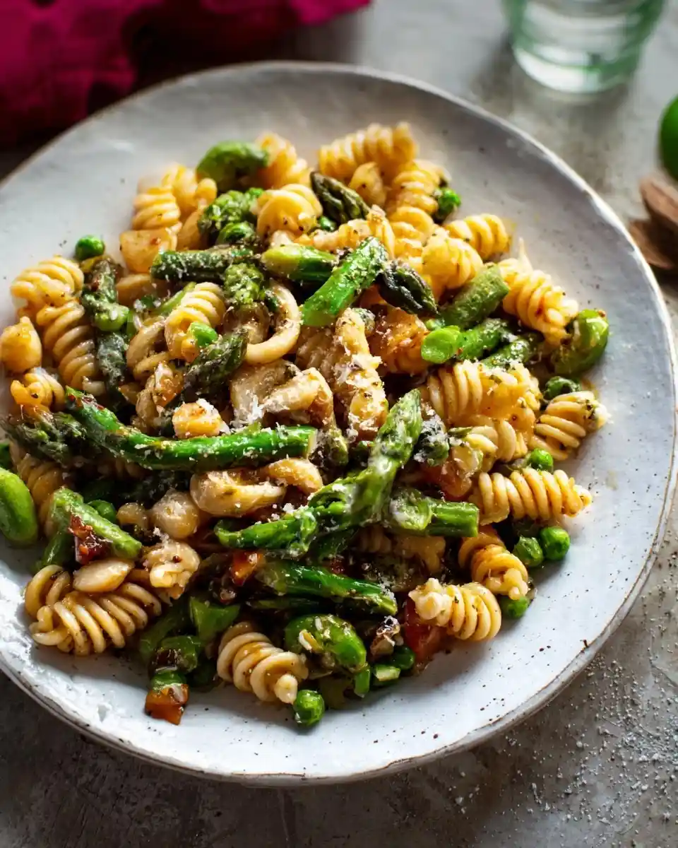 A rustic bowl filled with fresh asparagus pasta, green peas, and a sprinkle of grated cheese.