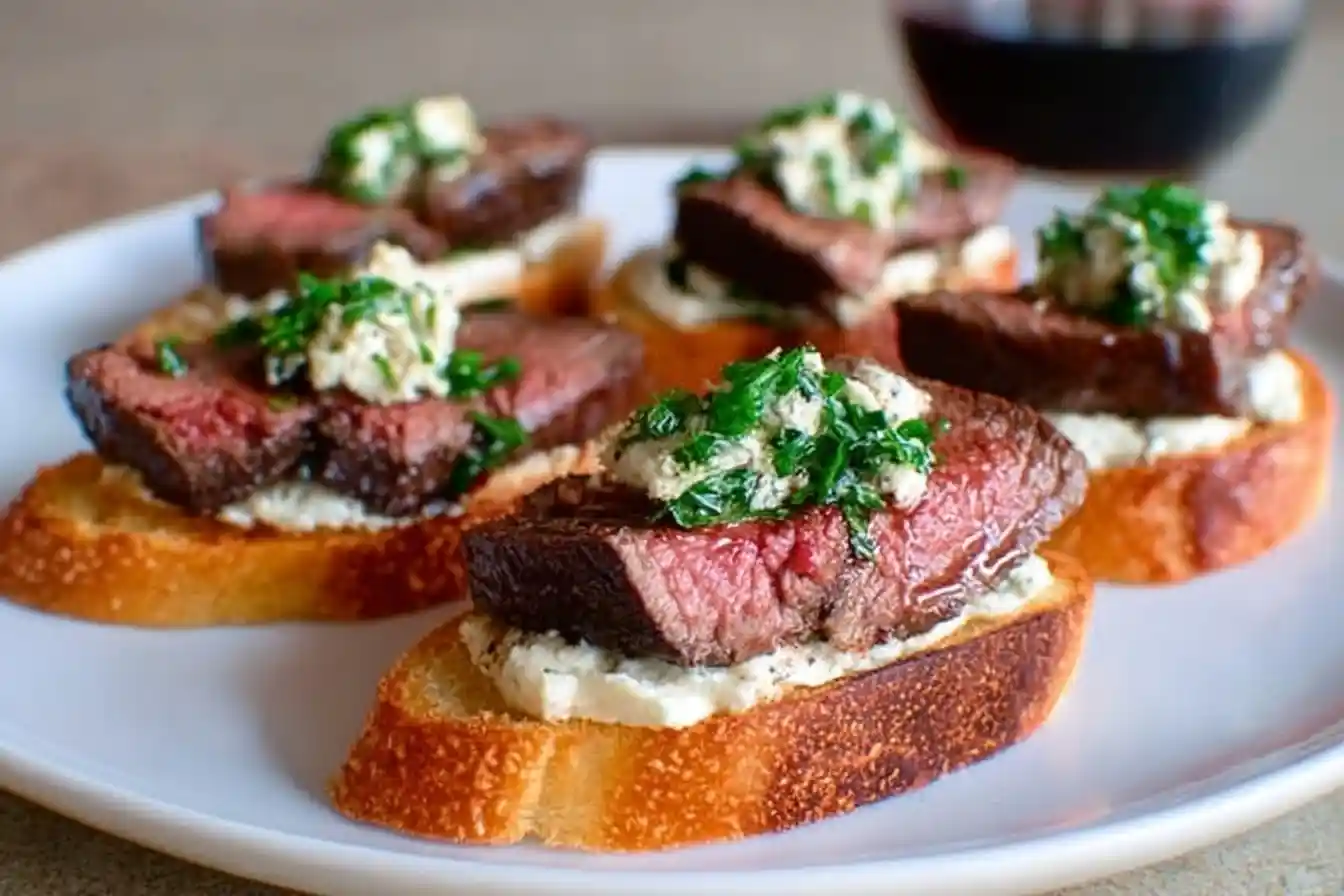 Plate of elegant steak crostini appetizers with toasted baguette, creamy spread, medium-rare beef, and fresh herb garnish.
