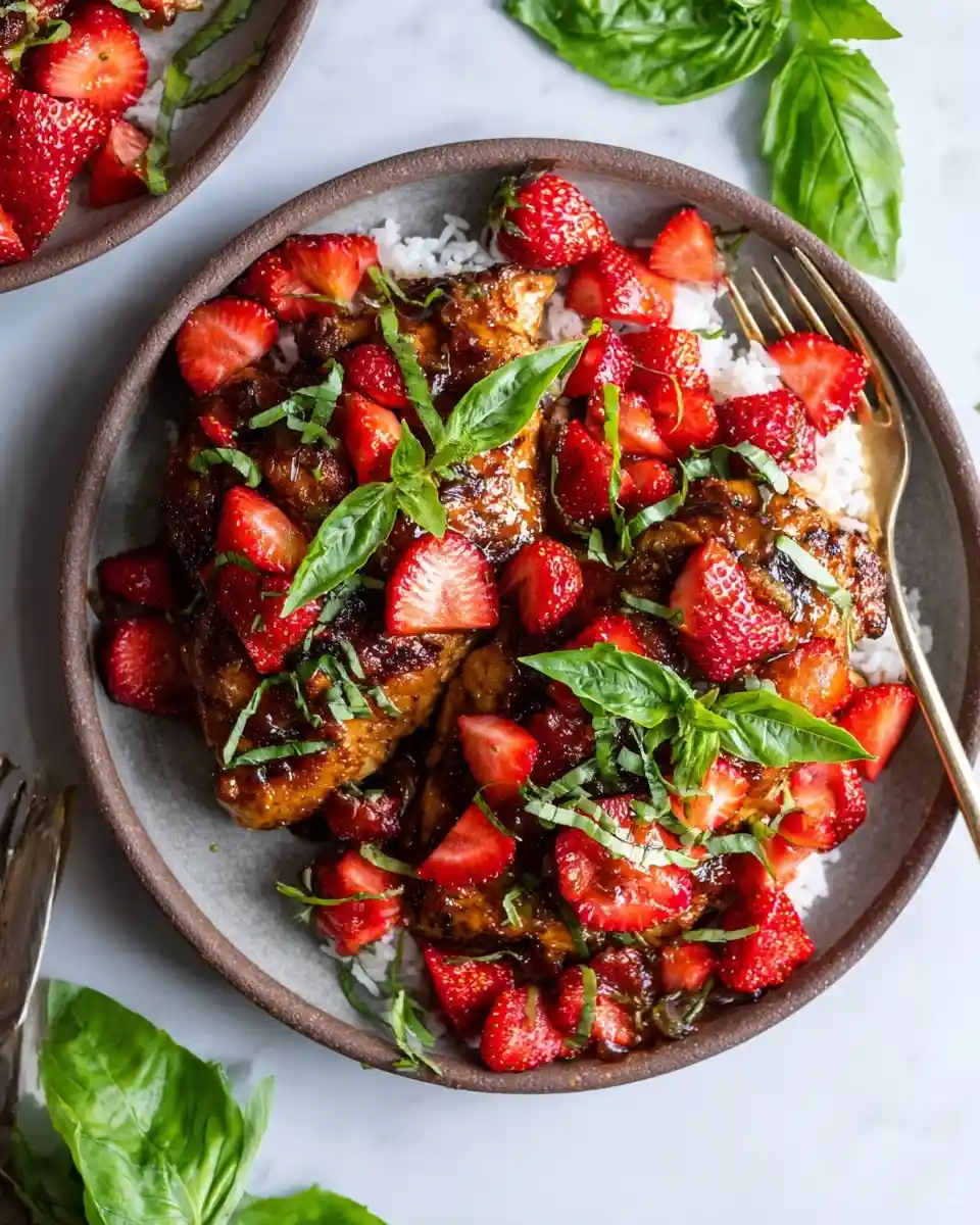 A bowl of {{ $('Fetch Recipe Data').first().json["Main Keyword"] }} over white rice with fresh strawberries and basil.