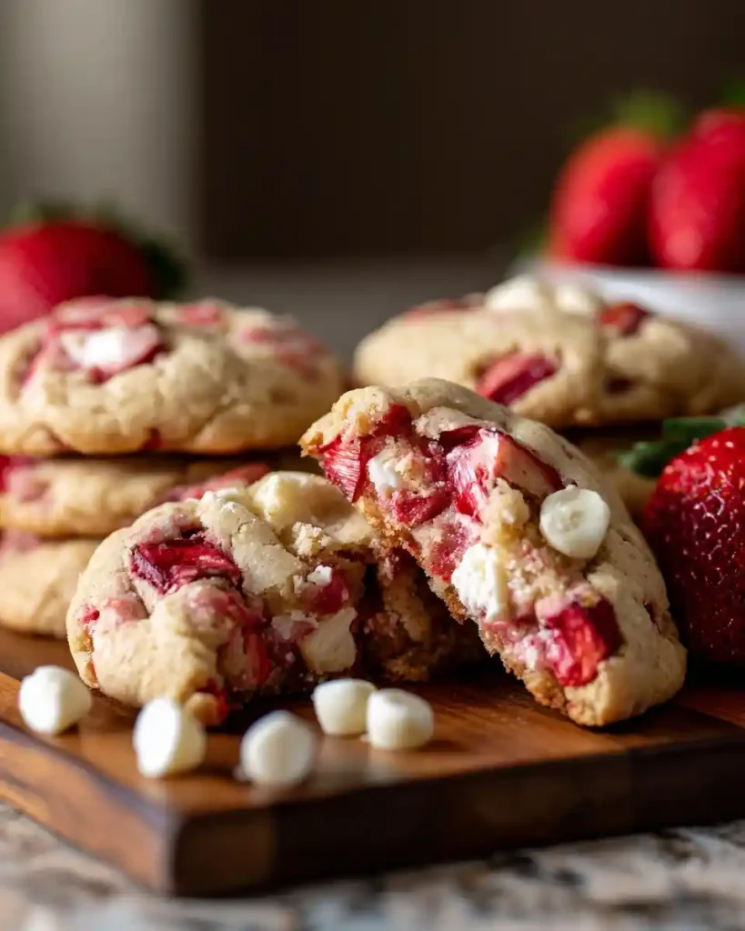 Close-up of freshly baked Strawberry Shortcake Cookies broken in half to show fresh berries and white chocolate chips.