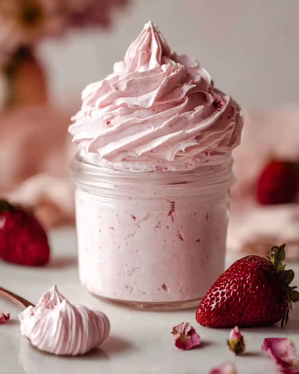 Glass jar of piped {{ $('Fetch Recipe Data').first().json["Main Keyword"] }} surrounded by fresh strawberries and petals.