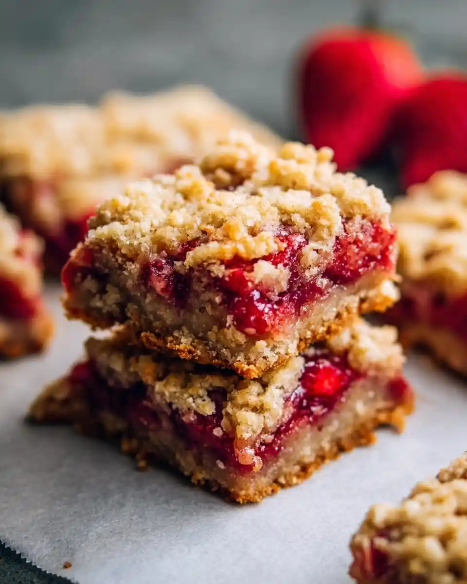 A stack of two freshly baked strawberry crumble bars on parchment paper with fresh strawberries in the background.