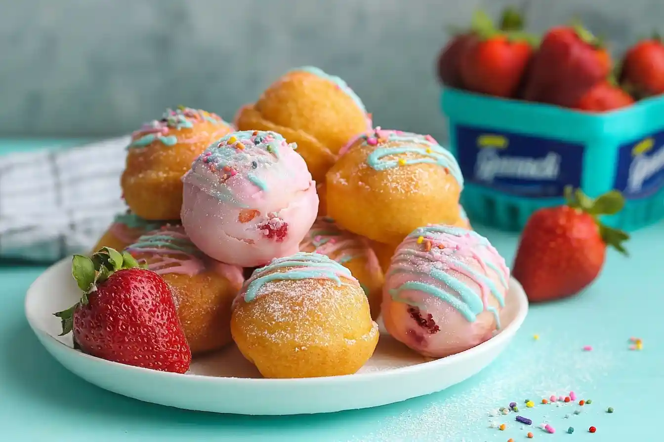 Stack of {{ $('Fetch Recipe Data').first().json["Main Keyword"] }} with colorful icing, sprinkles, and fresh strawberries.