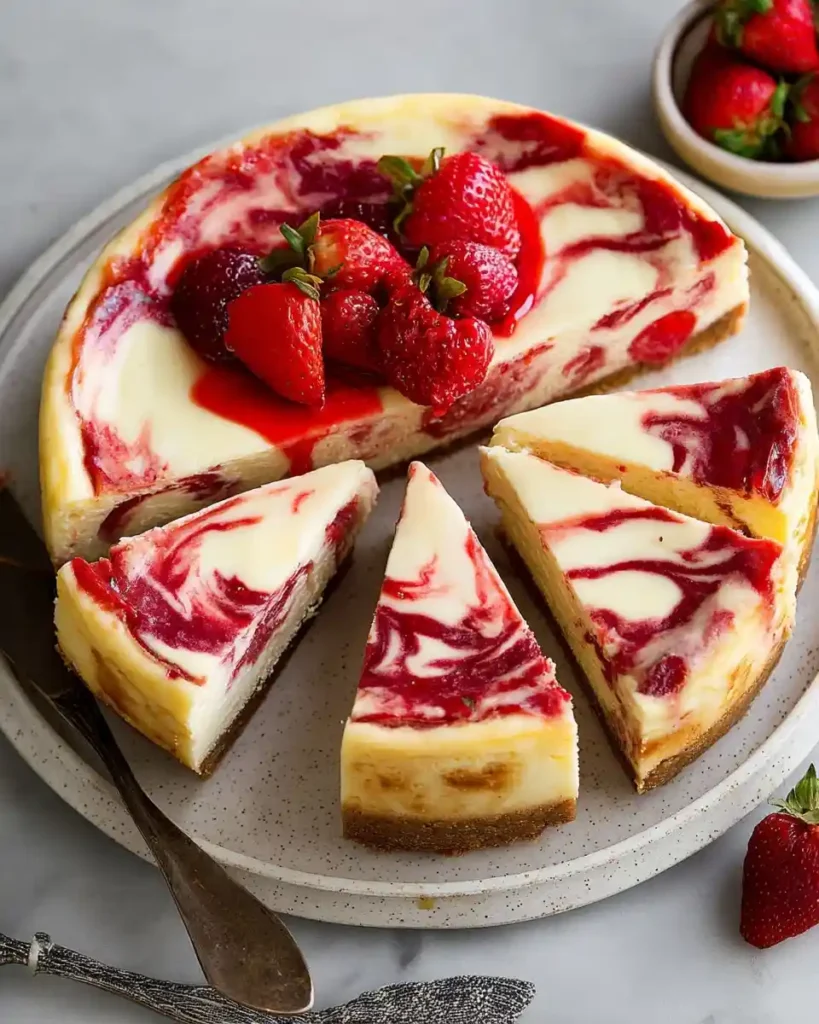 A sliced strawberry swirl cheesecake topped with fresh berries on a ceramic plate.