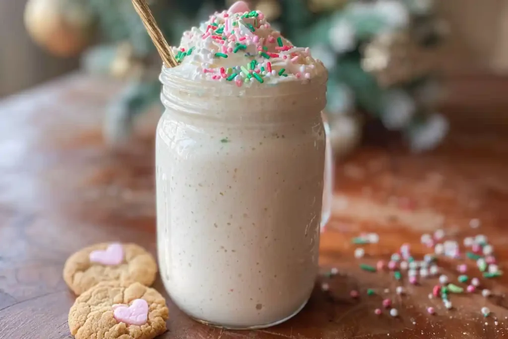A creamy {{ $('Fetch Recipe Data').first().json["Main Keyword"] }} in a mason jar topped with whipped cream and festive sprinkles.