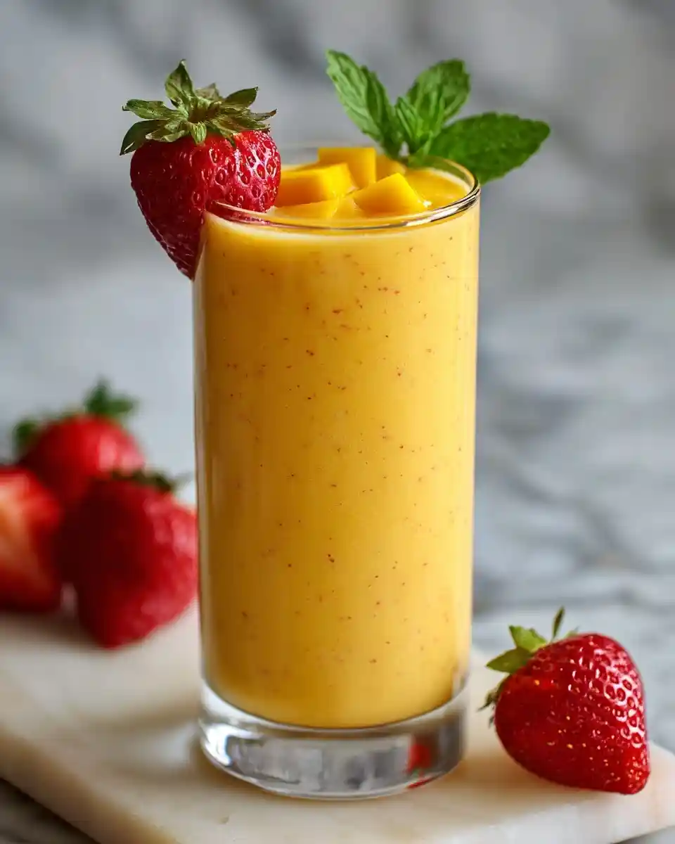 A tall glass of fresh mango smoothie garnished with a strawberry, diced mango, and mint on a marble board.