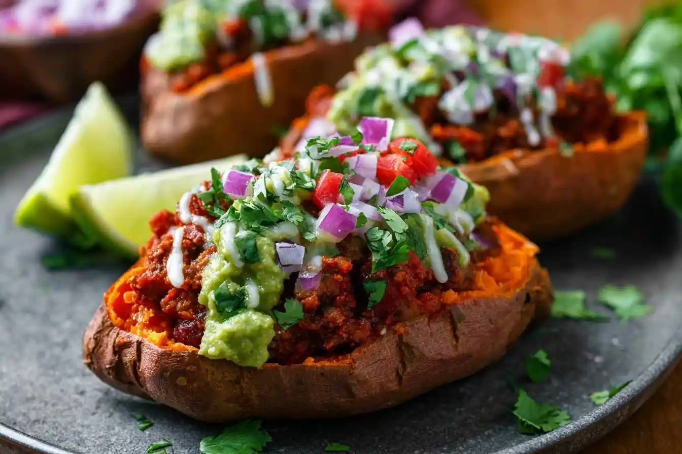 Close up of taco stuffed sweet potatoes topped with guacamole, diced onions, tomatoes, and cilantro on a plate.