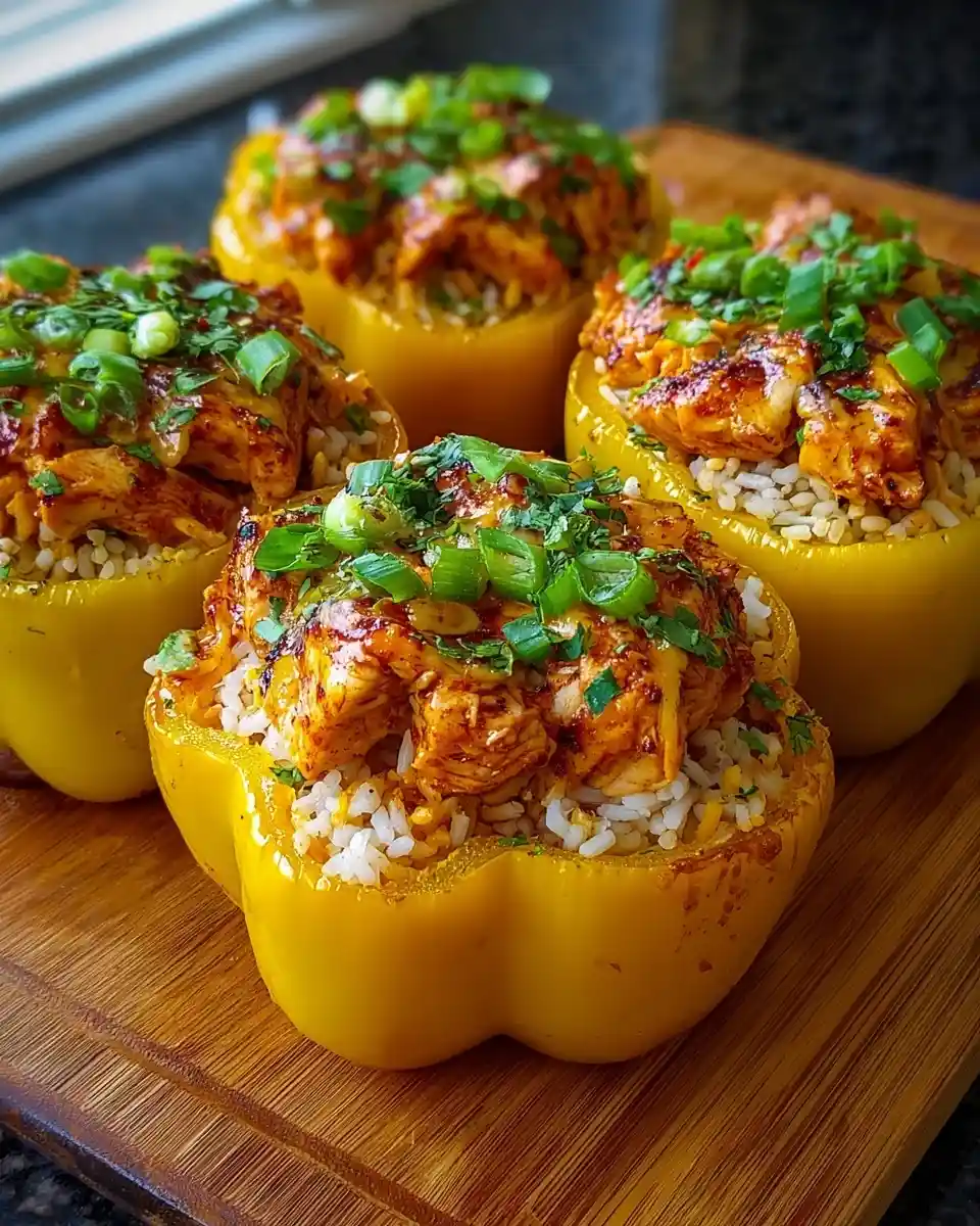 Delicious {{ $('Fetch Recipe Data').first().json["Main Keyword"] }} prepared in yellow bell peppers with rice.