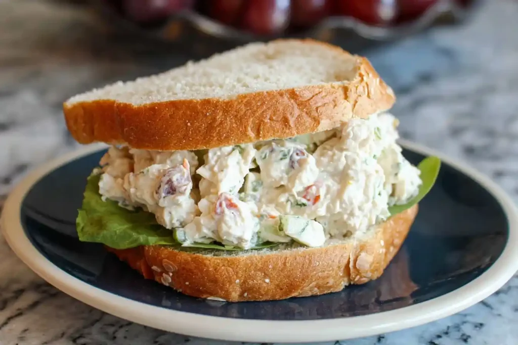 A classic homemade chicken salad sandwich served on soft bread with crisp green lettuce on a dark plate.