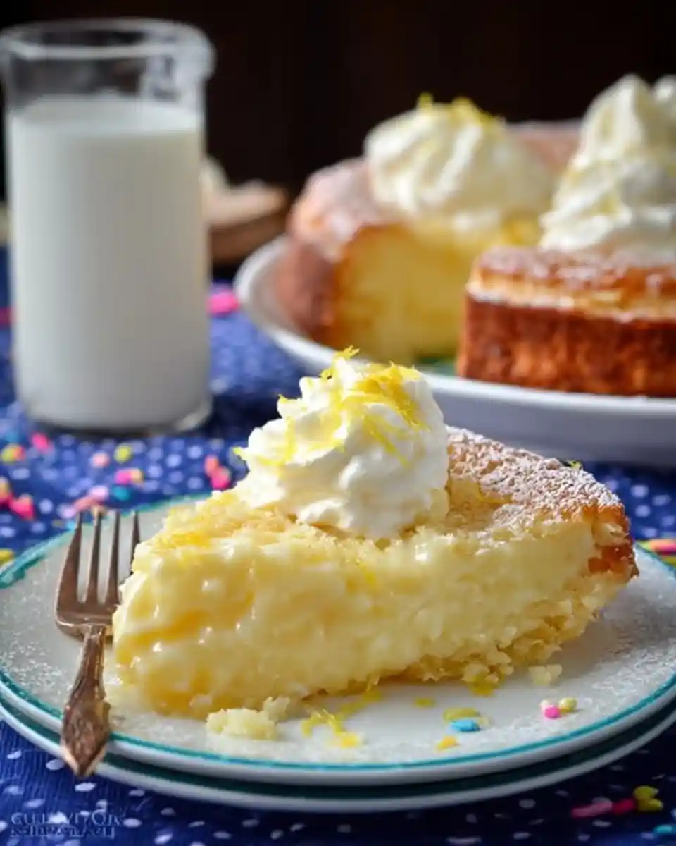 A slice of creamy lemon pudding cake topped with whipped cream and lemon zest on a plate.