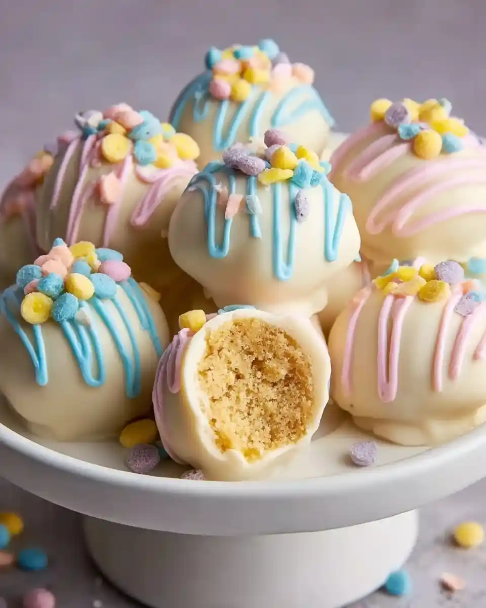 White chocolate {{ $('Fetch Recipe Data').first().json["Main Keyword"] }} with pastel drizzles and colorful toppings.