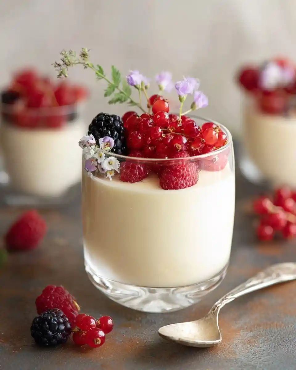 Creamy {{ $('Fetch Recipe Data').first().json["Main Keyword"] }} in a glass topped with mixed berries and edible flowers.