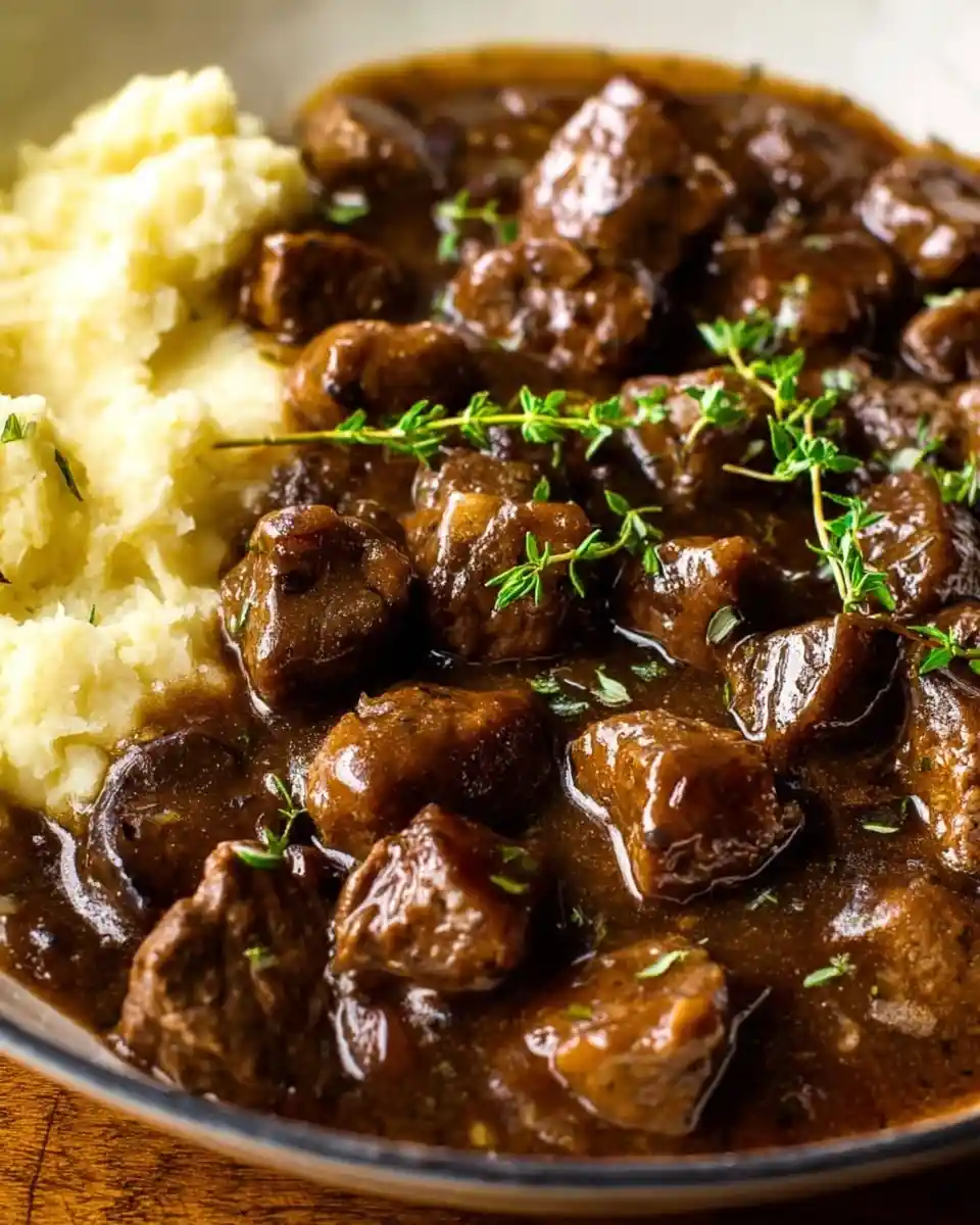 Tender {{ $('Fetch Recipe Data').first().json['Main Keyword'] }} in rich brown gravy with thyme and mashed potatoes.