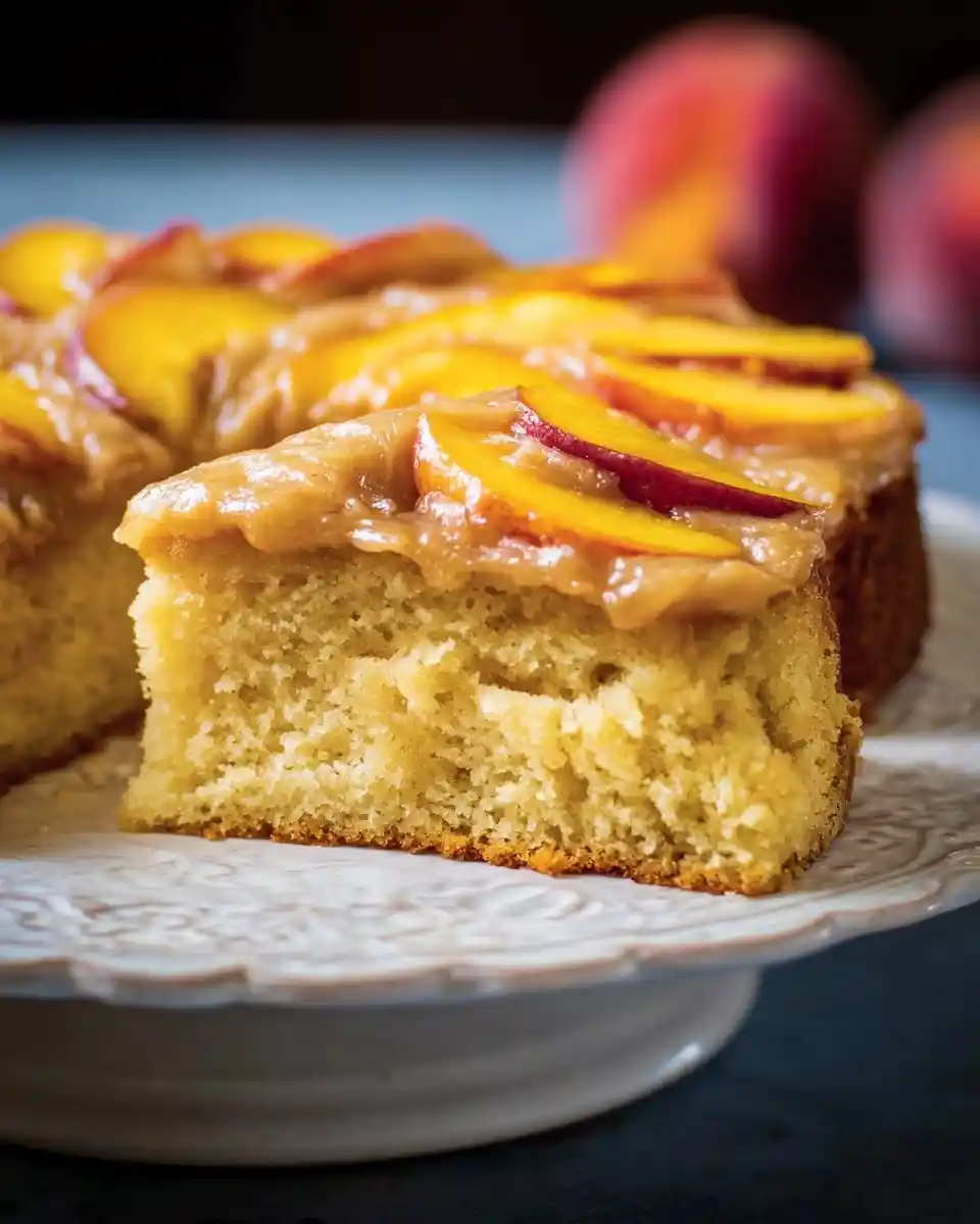A slice of {{ $('Fetch Recipe Data').first().json["Main Keyword"] }} topped with glaze and fresh peaches.