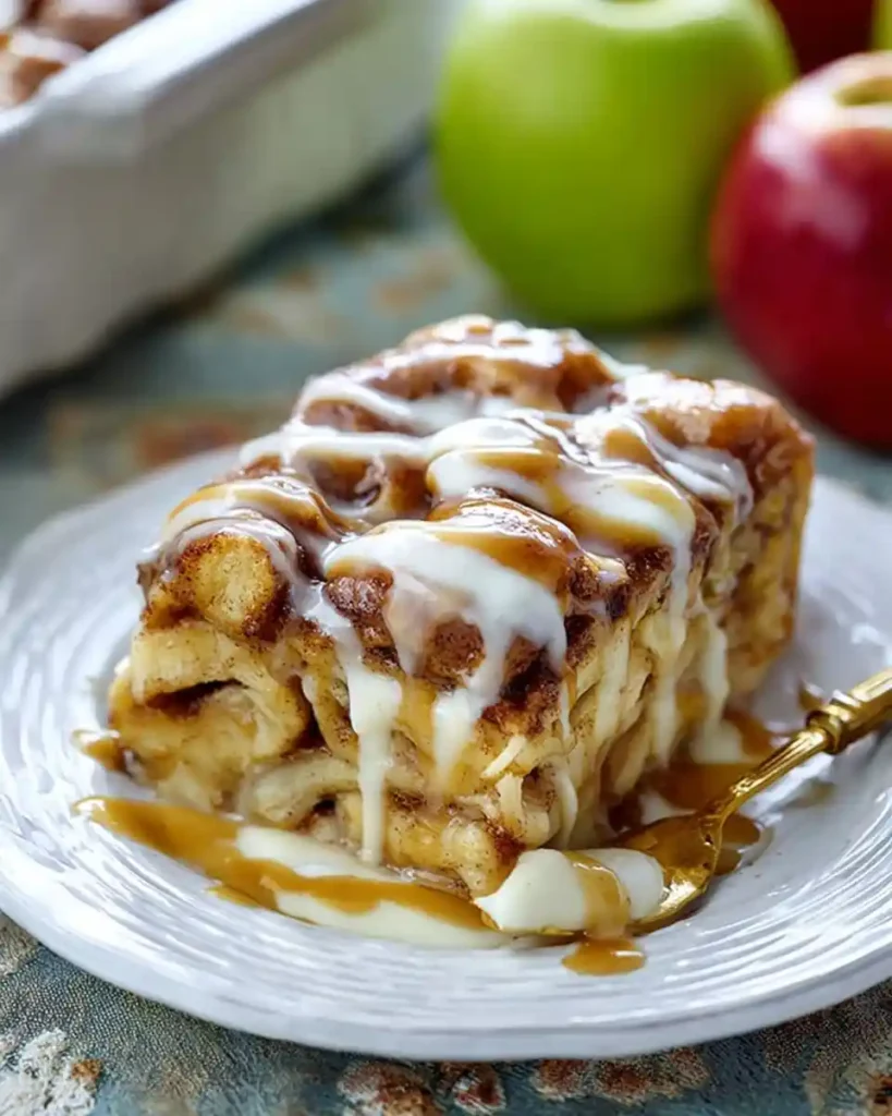 A slice of apple cinnamon roll casserole drizzled with caramel and icing on a plate.