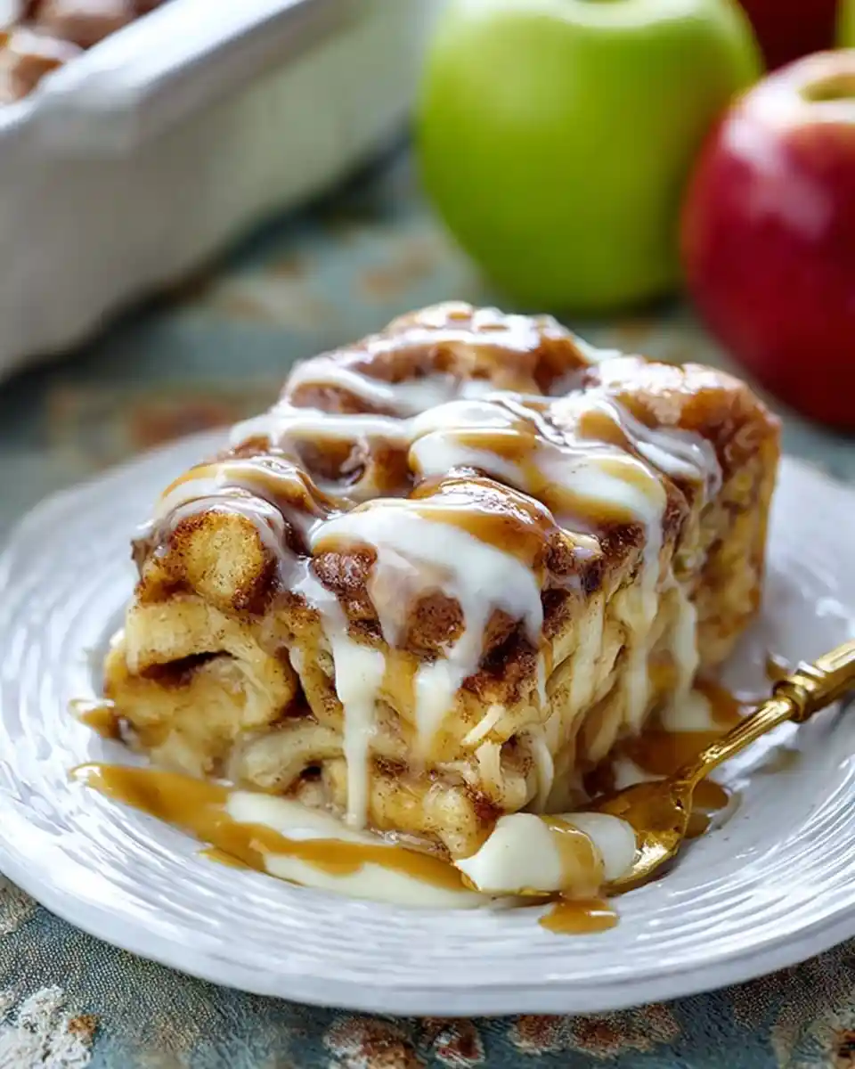 A slice of apple cinnamon roll casserole drizzled with caramel and icing on a plate.