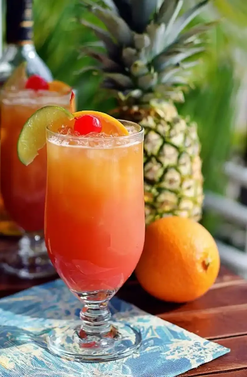 A layered {{ $('Fetch Recipe Data').first().json["Main Keyword"] }} with fruit garnish, rum, and pineapple.
