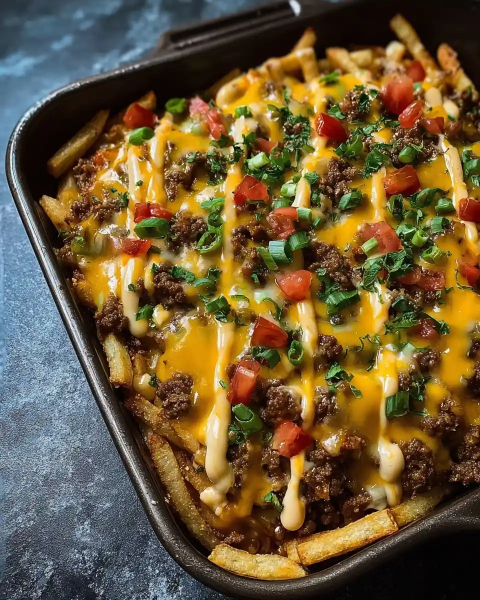 A baking dish of loaded fries topped with ground beef, melted cheese, fresh tomatoes, green onions, and a creamy sauce.