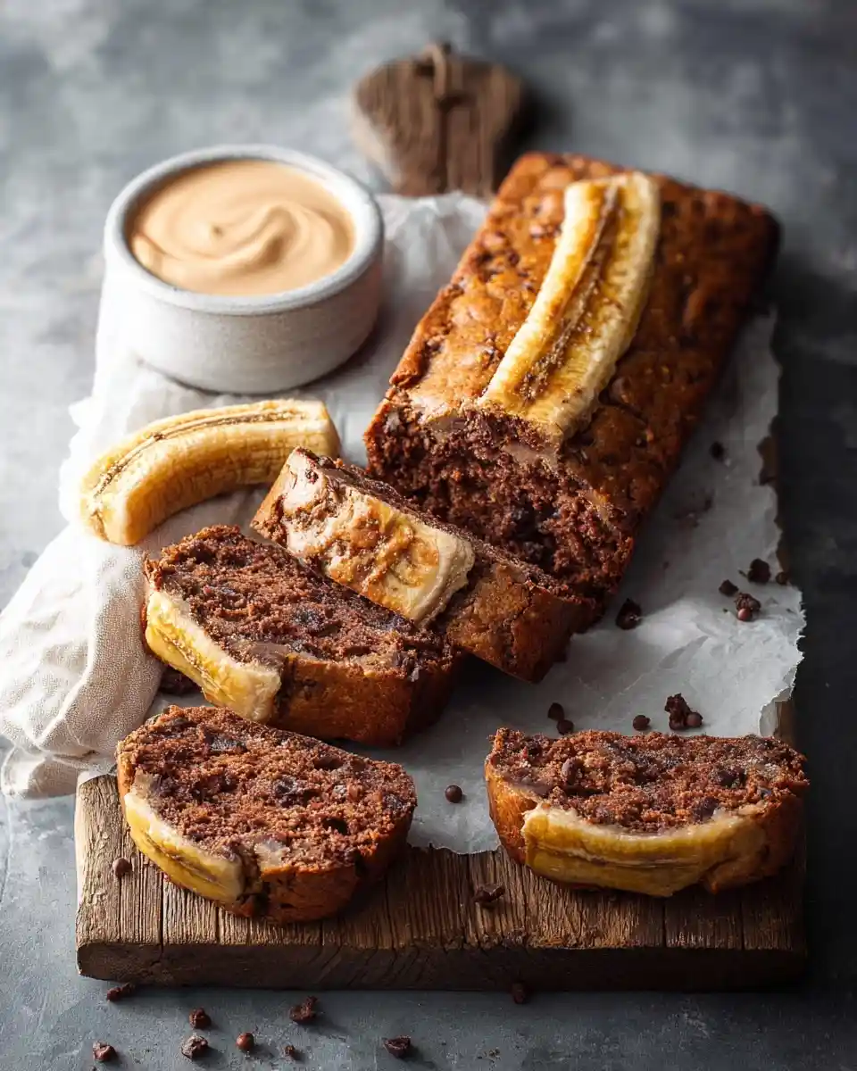 Sliced chocolate banana bread on a wooden board with a baked banana topping and a bowl of creamy spread.