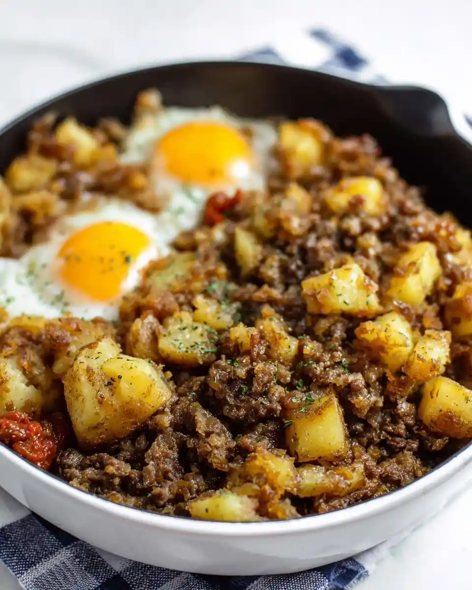 Skillet of {{ $('Fetch Recipe Data').first().json["Main Keyword"] }} with crispy potatoes and eggs.