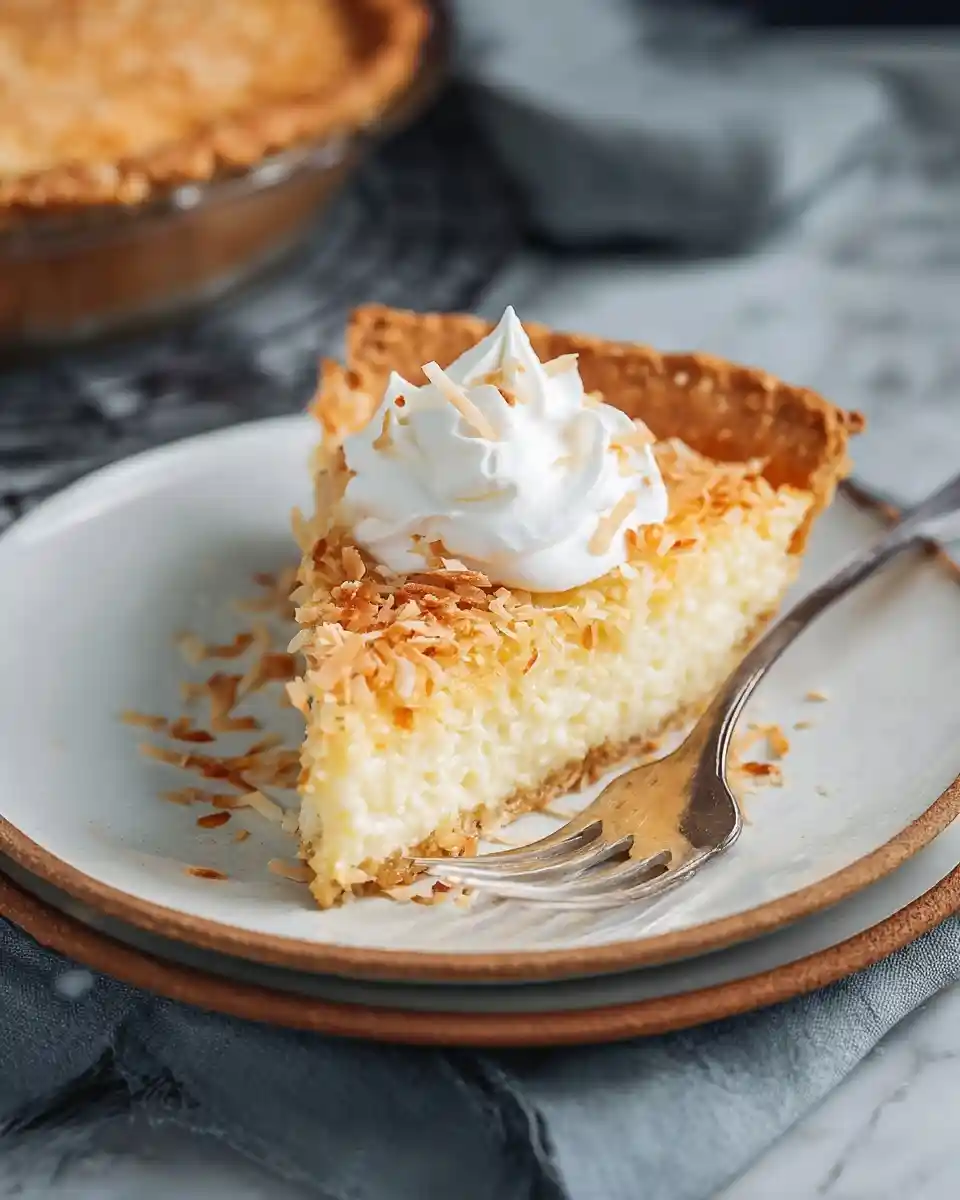 A delicious slice of coconut pie topped with whipped cream and toasted coconut flakes on a plate.