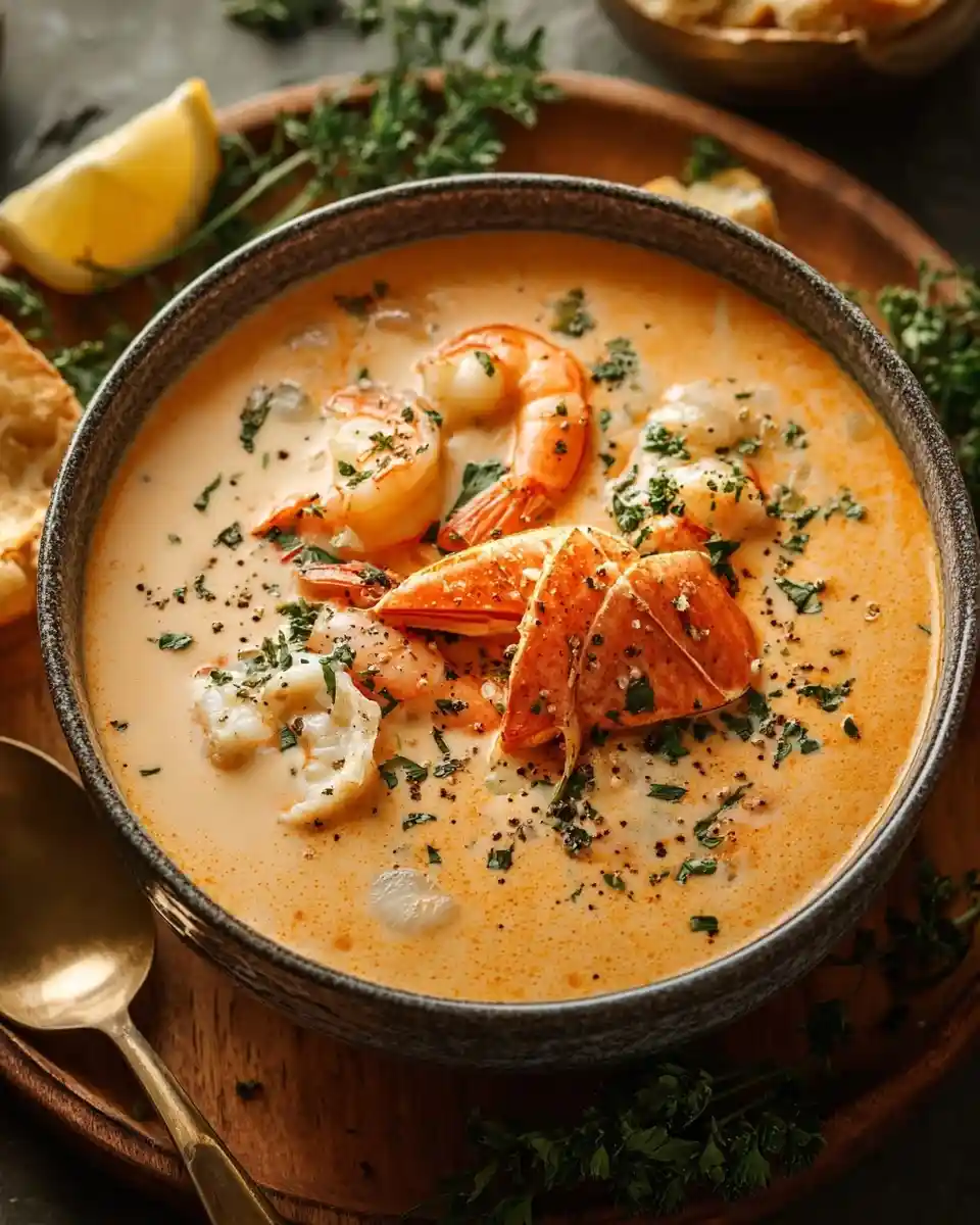 A close-up of a bowl of creamy seafood bisque topped with shrimp, lobster, and fresh herbs on a wooden board.