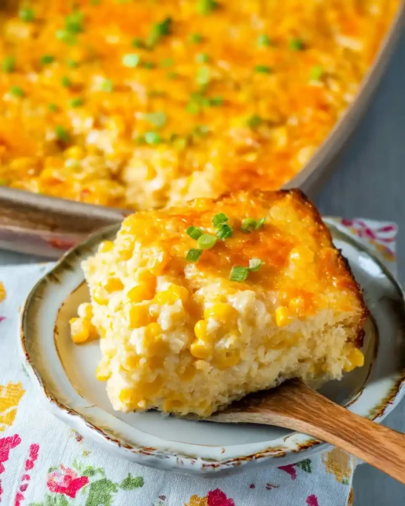 A slice of cheesy corn casserole topped with green onions on a plate, with the baking dish in the background.