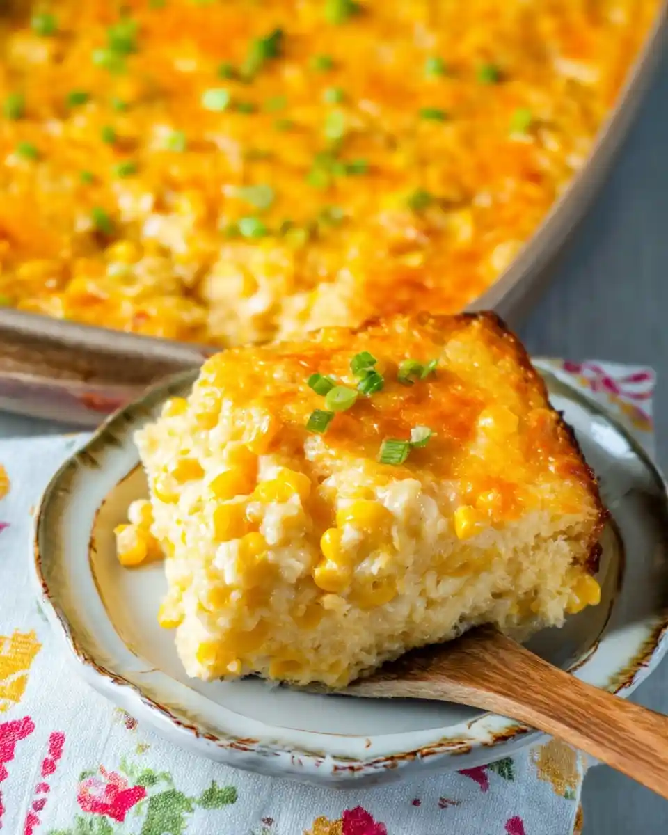 A slice of cheesy corn casserole topped with green onions on a plate, with the baking dish in the background.
