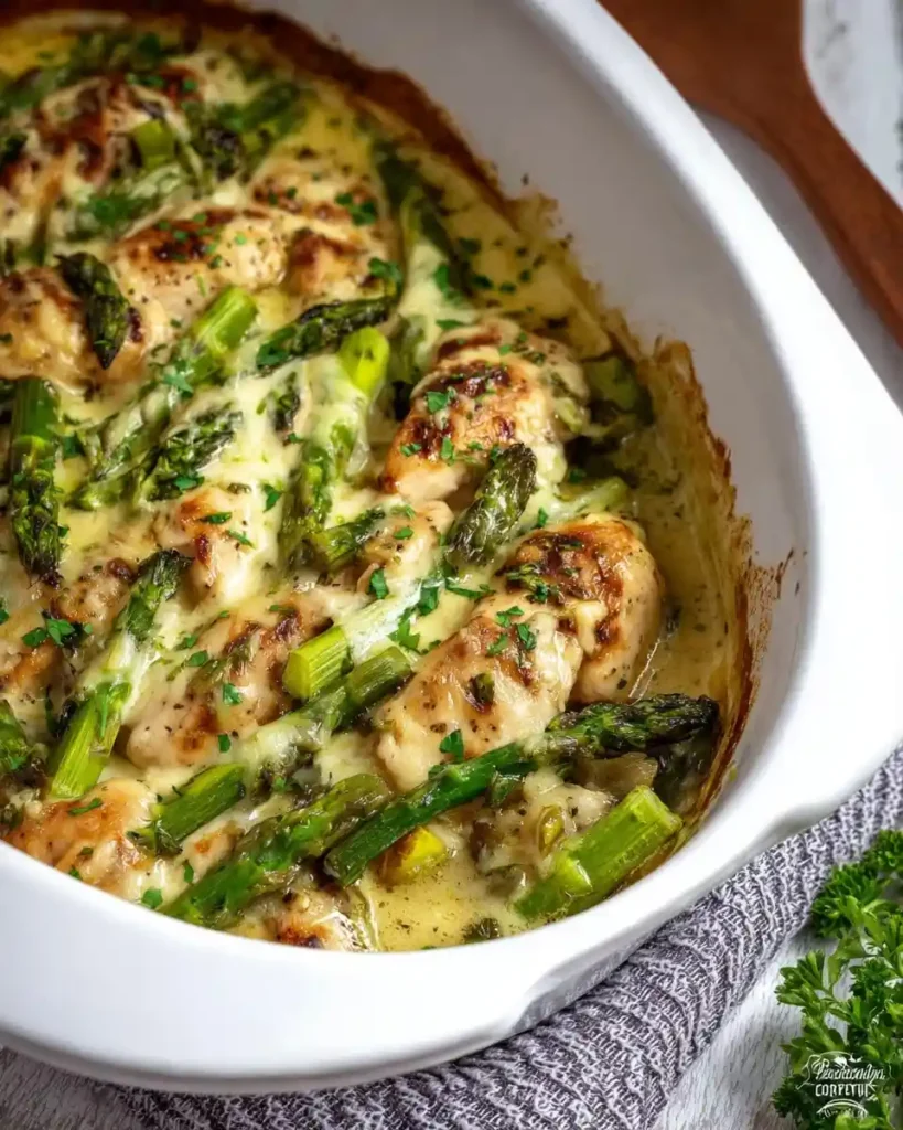 A white casserole dish filled with a cheesy chicken asparagus bake, topped with fresh parsley.