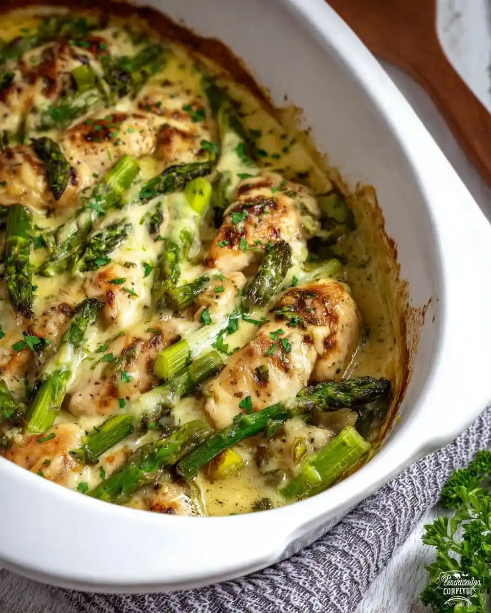 A white casserole dish filled with a cheesy chicken asparagus bake, topped with fresh parsley.