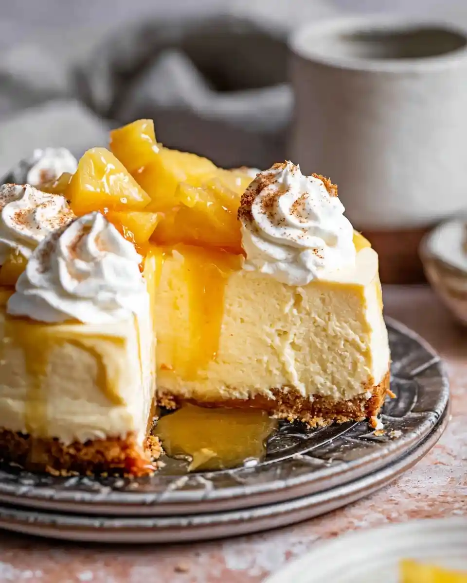A slice of pineapple cheesecake with a graham crust, topped with fruit chunks, syrup, and whipped cream.