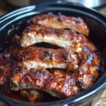 A black pot filled with saucy, fall-off-the-bone slow cooker ribs ready to serve.