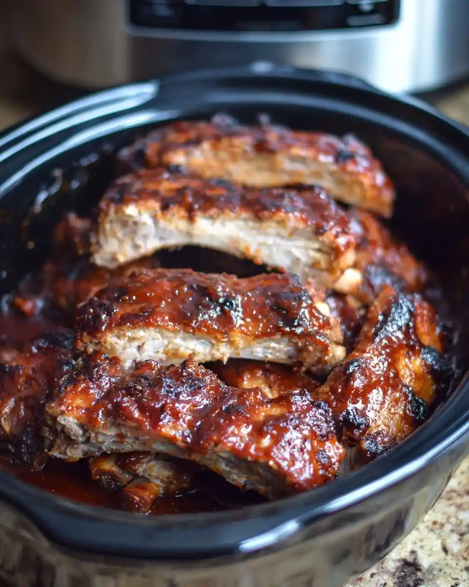 A black pot filled with saucy, fall-off-the-bone slow cooker ribs ready to serve.