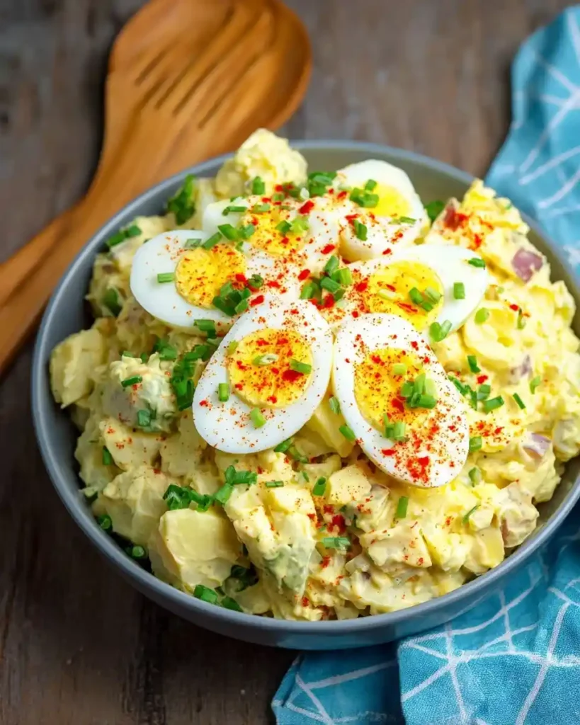 A large grey bowl filled with creamy potato salad, topped with sliced hard-boiled eggs, paprika, and fresh chives.