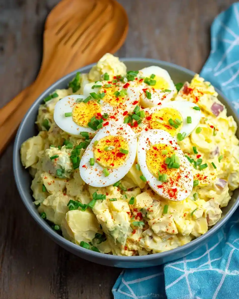 A large grey bowl filled with creamy potato salad, topped with sliced hard-boiled eggs, paprika, and fresh chives.