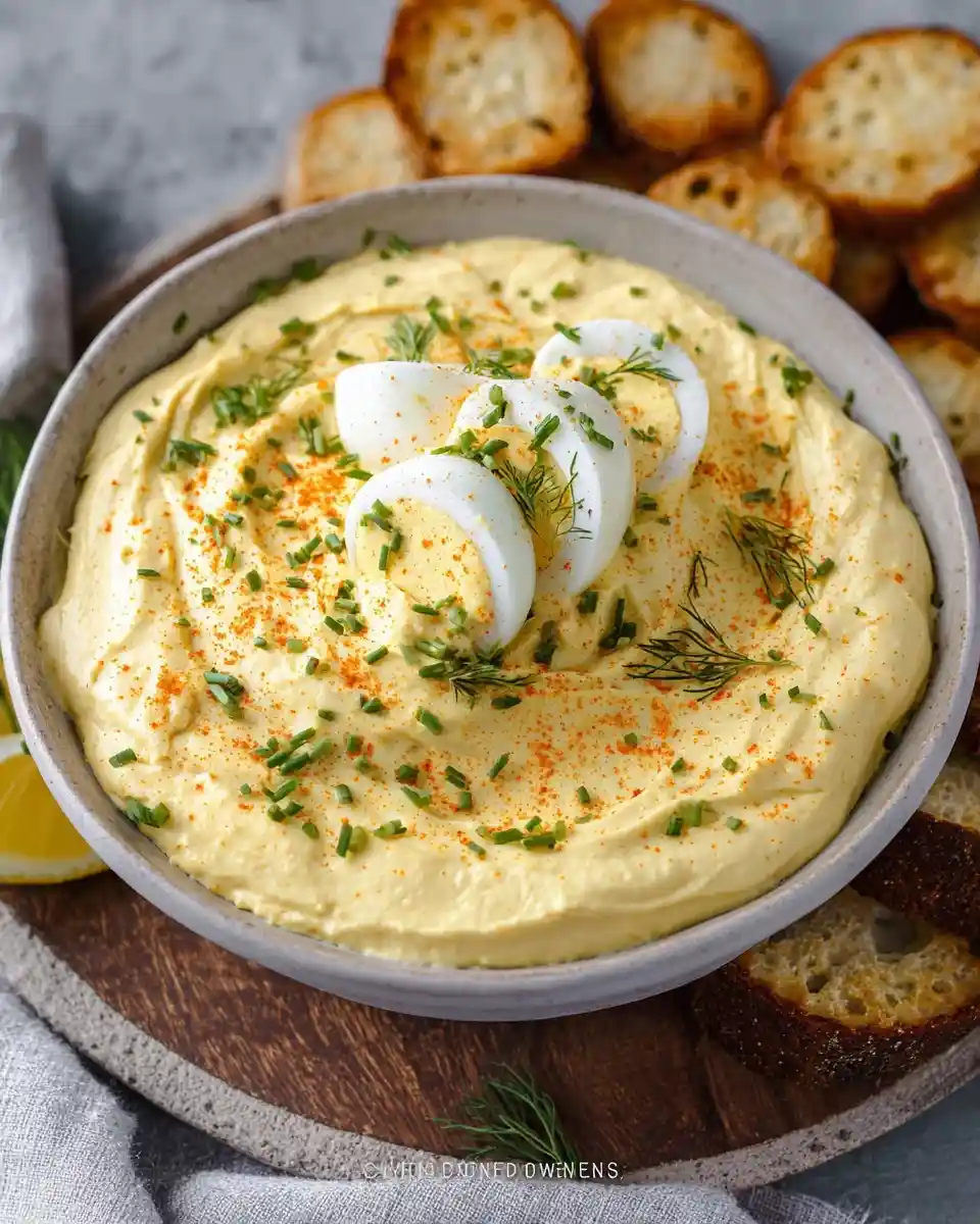 Creamy deviled egg dip in a bowl topped with hard-boiled eggs, chives, and paprika, served with crostini.