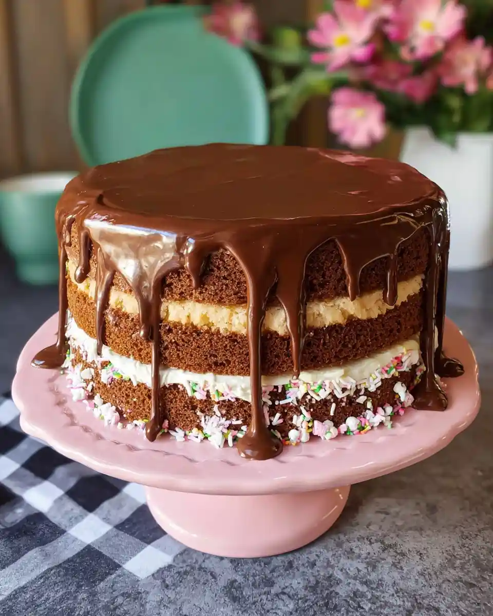 Layered chocolate drip cake with creamy filling and sprinkles on a pink stand.