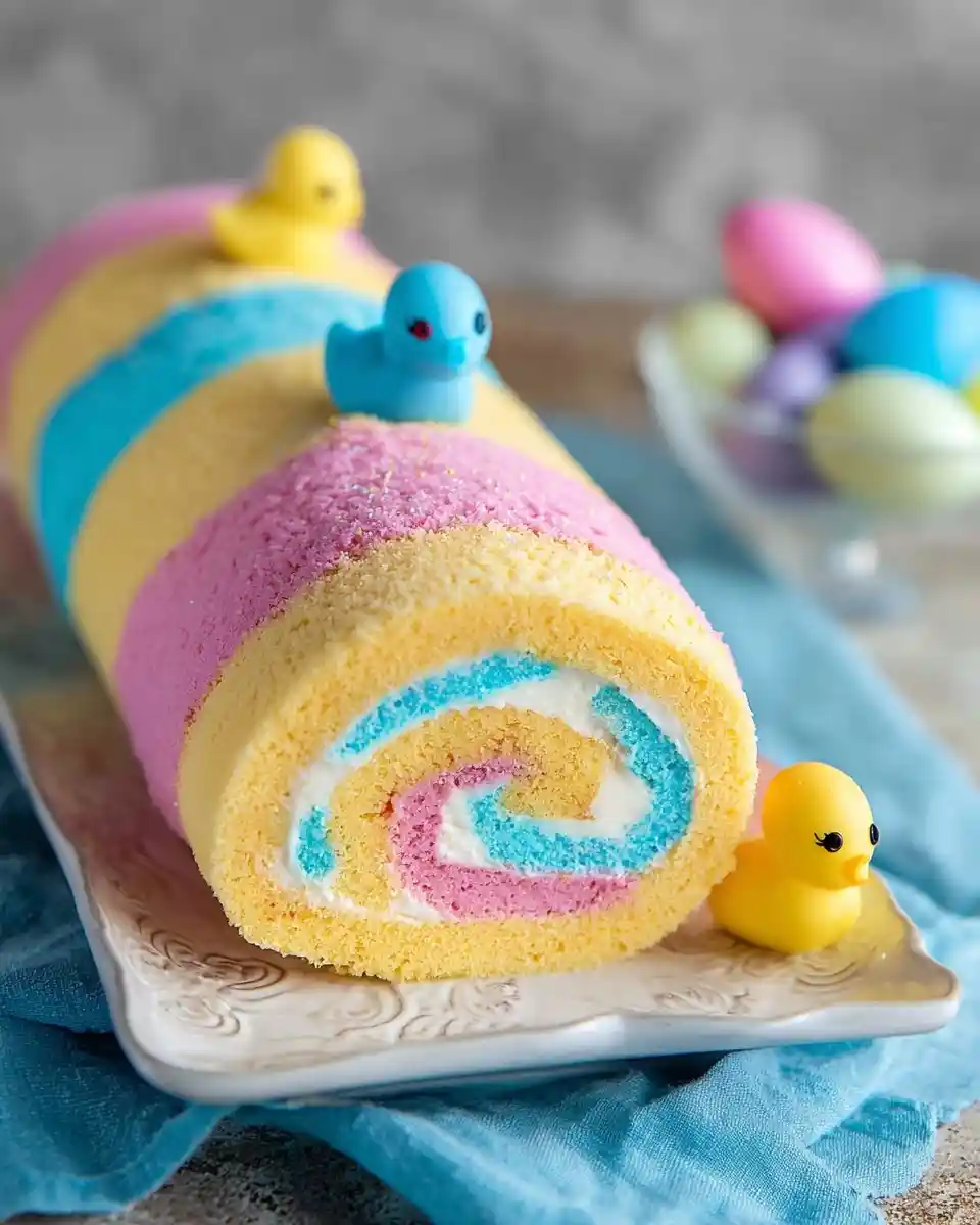 A pastel striped {{ $('Fetch Recipe Data').first().json["Main Keyword"] }} decorated with cute toy ducks.