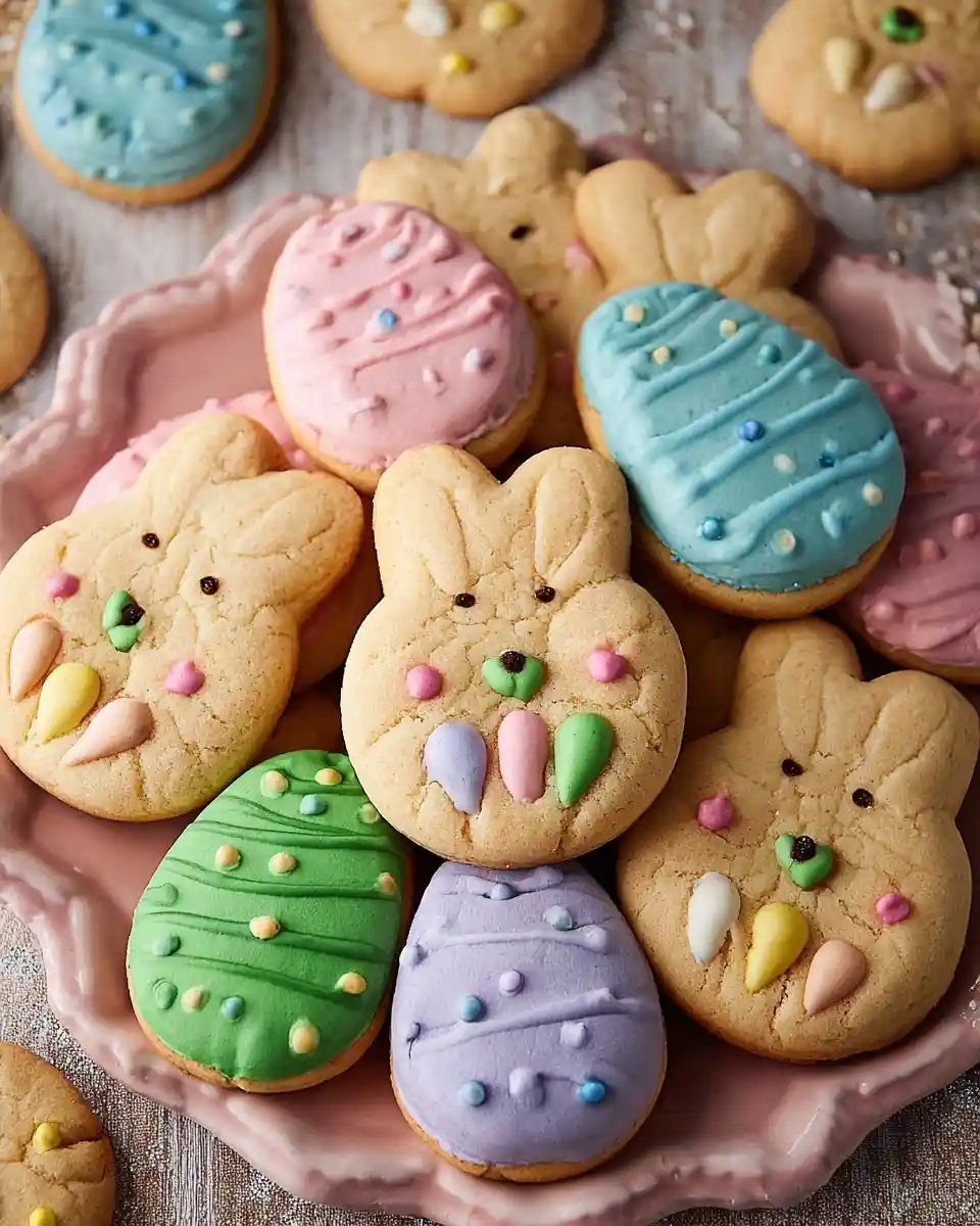 A pink scalloped plate filled with decorated Easter cookies shaped like bunnies and colorful pastel eggs.