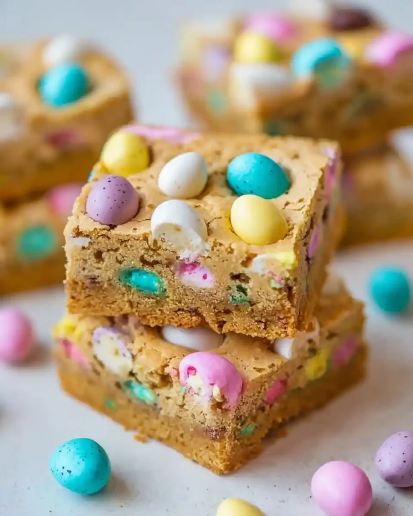 Two stacked {{ $('Fetch Recipe Data').first().json["Main Keyword"] }} filled with speckled pastel chocolate eggs.