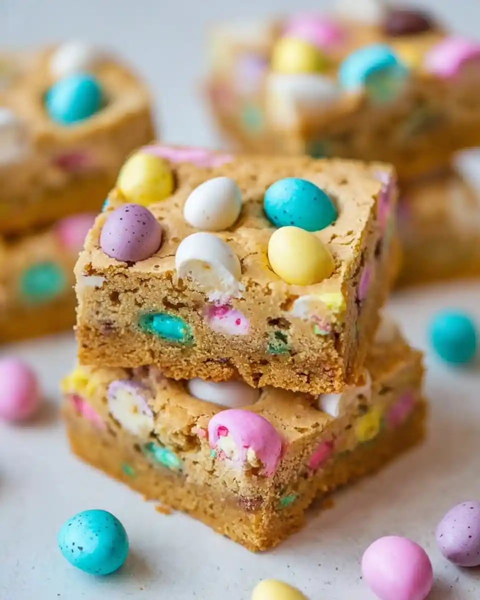 Two stacked {{ $('Fetch Recipe Data').first().json["Main Keyword"] }} filled with speckled pastel chocolate eggs.