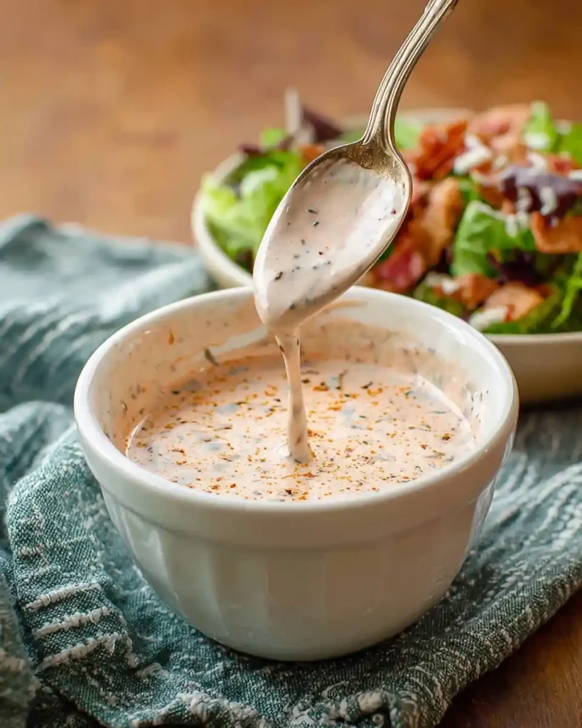 A silver spoon dripping creamy {{ $('Fetch Recipe Data').first().json["Main Keyword"] }} into a white bowl by a fresh salad.