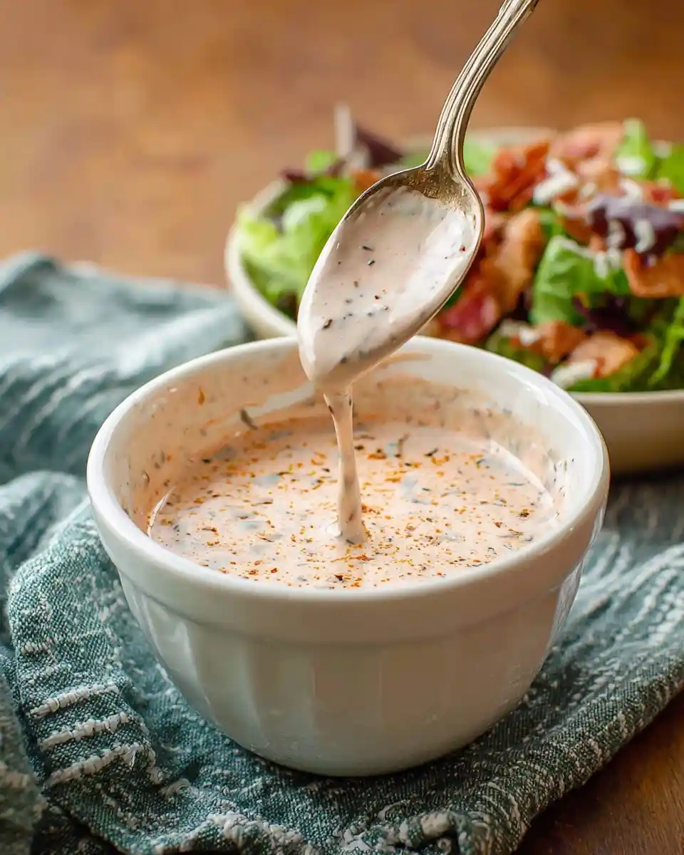 A silver spoon dripping creamy {{ $('Fetch Recipe Data').first().json["Main Keyword"] }} into a white bowl by a fresh salad.