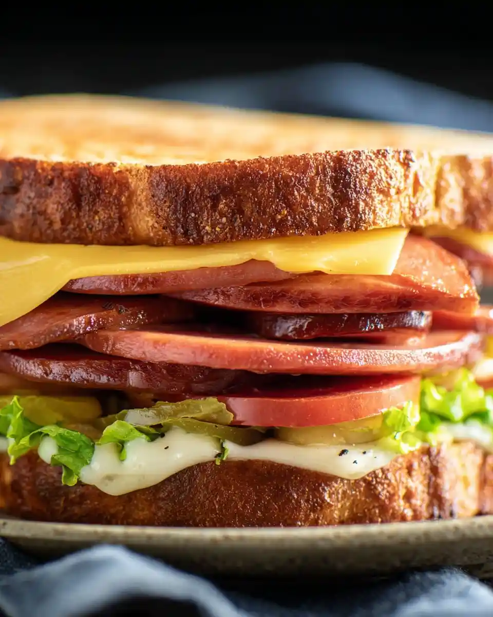 A tall {{ $('Fetch Recipe Data').first().json["Main Keyword"] }} with melted cheese, lettuce, and pickles.