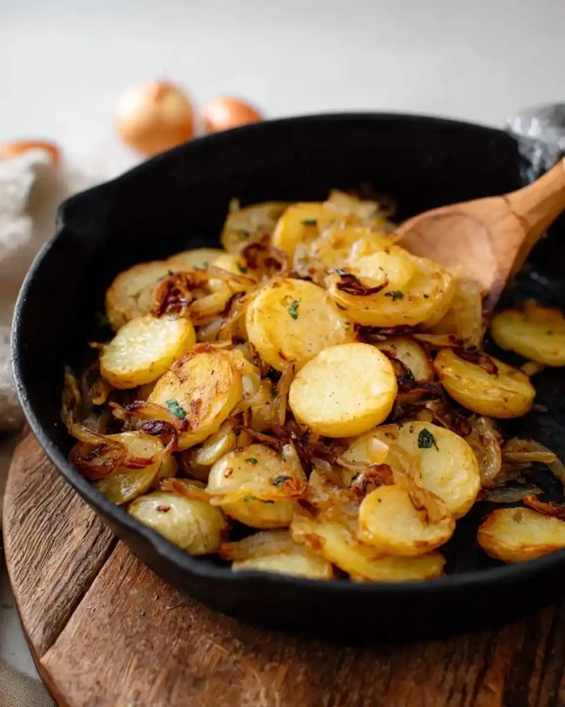 A cast iron skillet filled with golden {{ $('Fetch Recipe Data').first().json["Main Keyword"] }}, stirred with a wooden spoon.