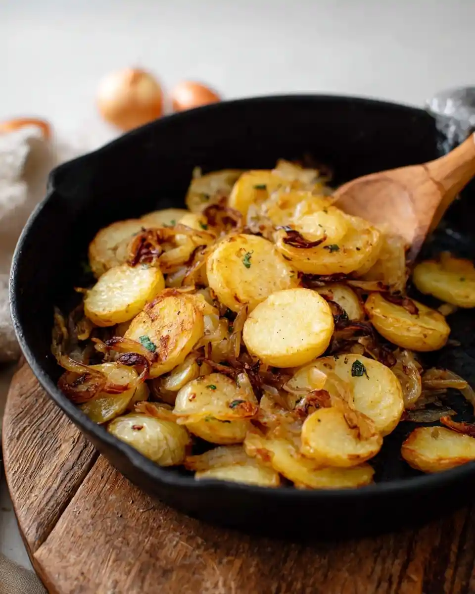 A cast iron skillet filled with golden {{ $('Fetch Recipe Data').first().json["Main Keyword"] }}, stirred with a wooden spoon.